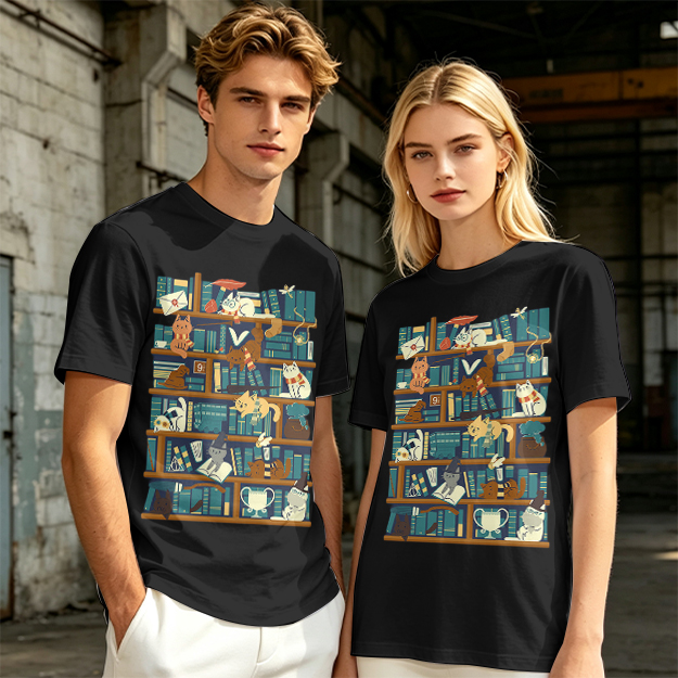 Olive t-shirt with playful cats on a bookshelf graphic
