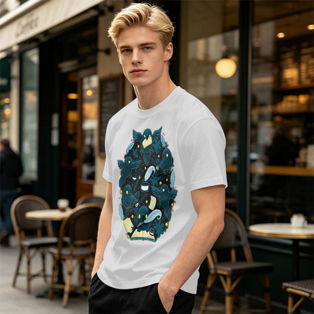 Olive T-Shirt With Whimsical Crow And Stationery Print