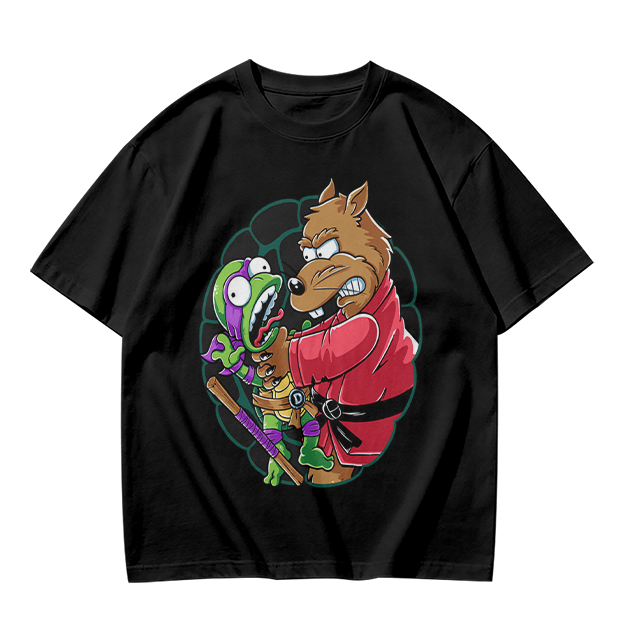 Olive T-shirt with Splinter Grabbing Donatello Ninja Turtle Art