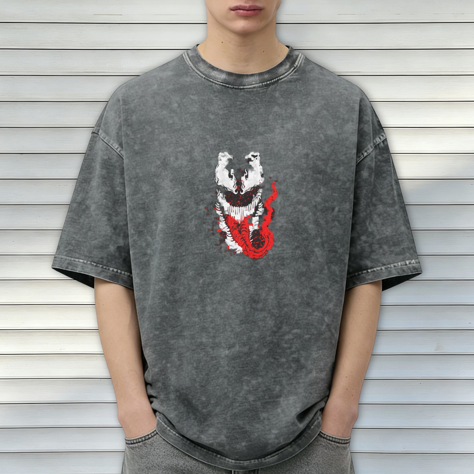 Oversized Acid Wash T-Shirt with Venom Graphic Print