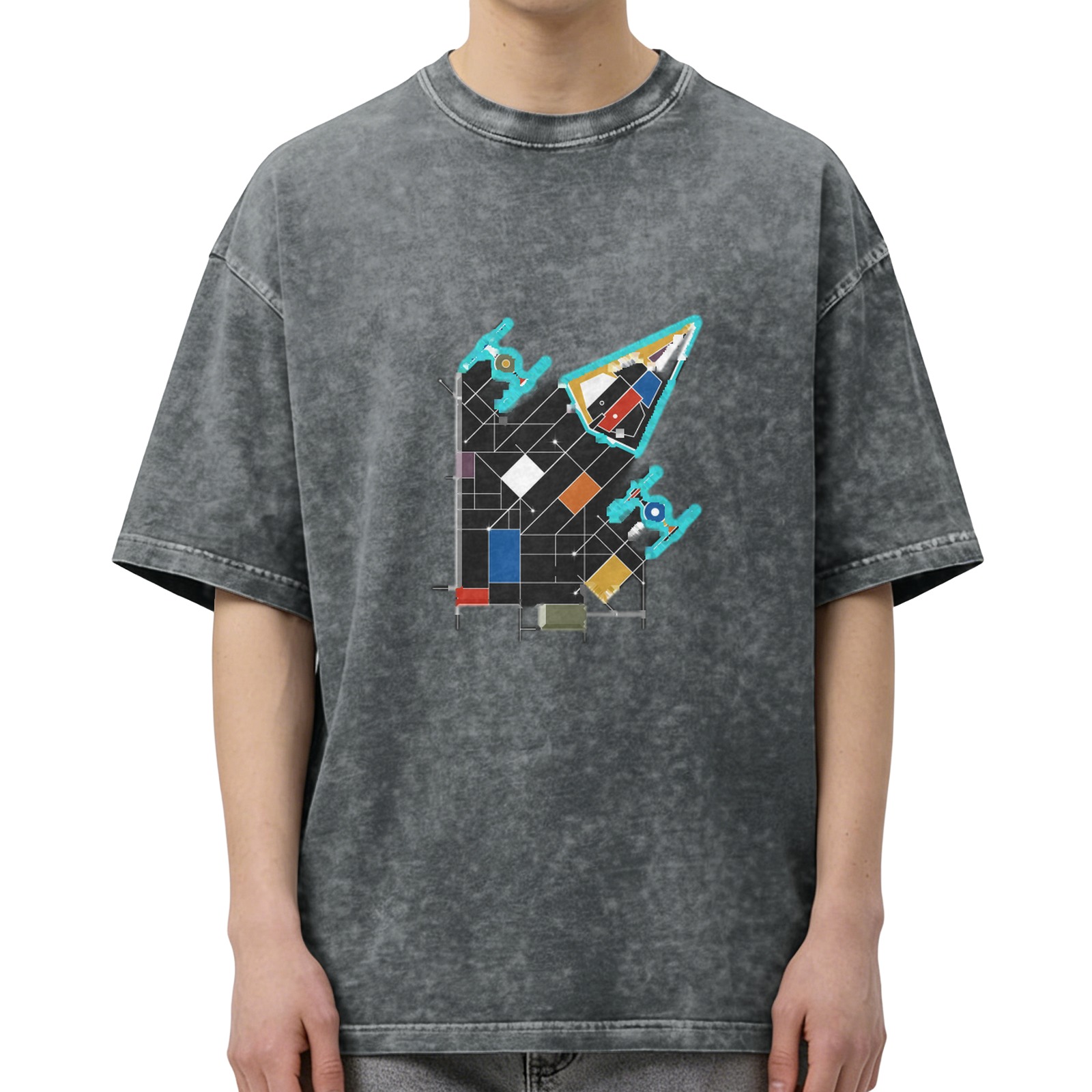 Oversized Acid Wash T-Shirt with Abstract Geometric Space Ship Graphic