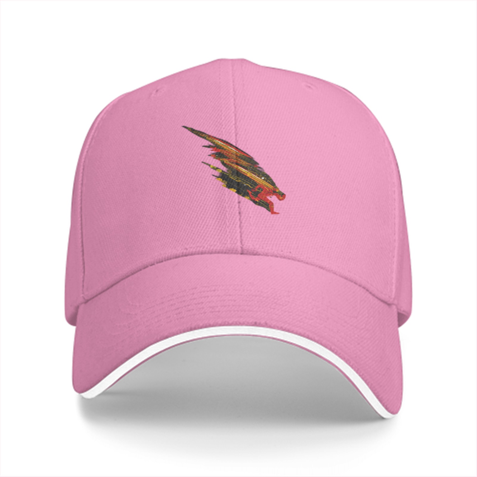 Black baseball cap with stylized fiery feathered creature graphic