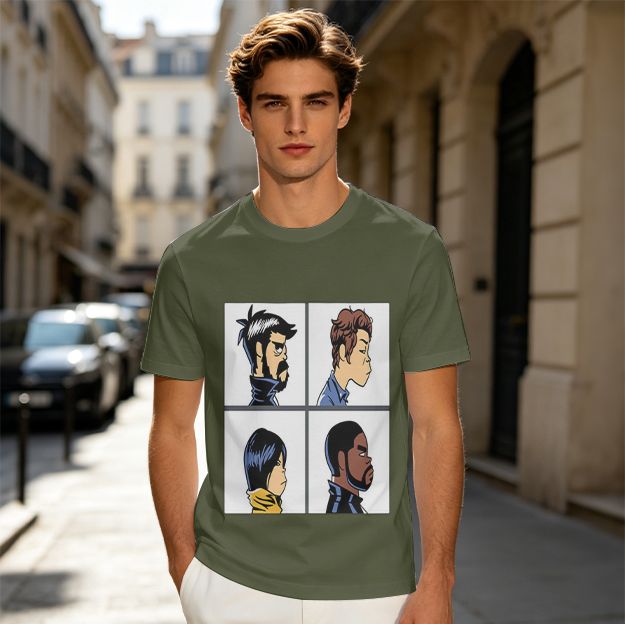 Olive T-Shirt With Four Cartoon Character Profile Portraits