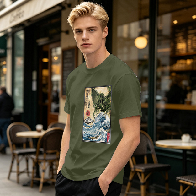 Olive T-shirt with Japanese ukiyo-e style Cthulhu wave print