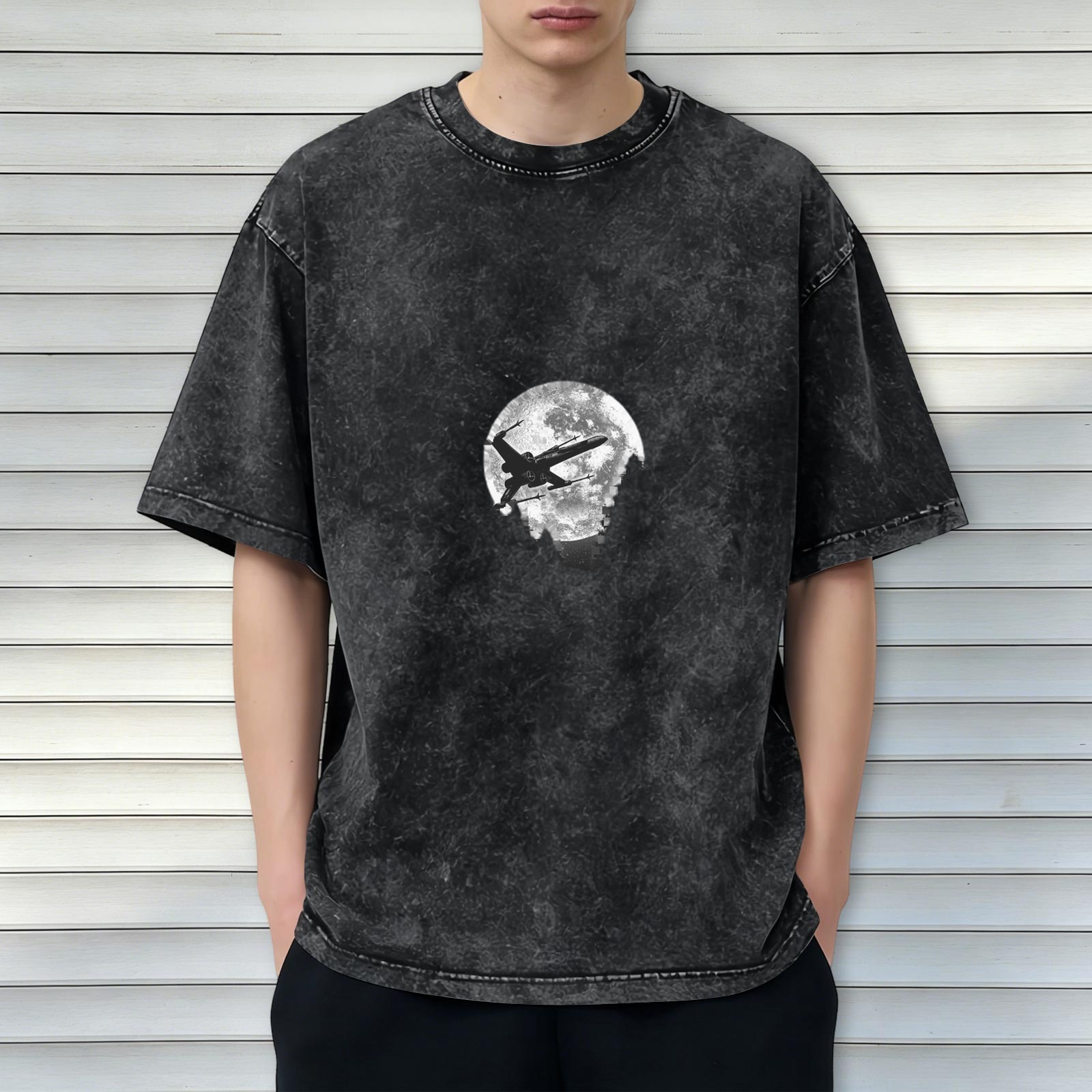 Washed Black T-Shirt With Full Moon and Starfighter Silhouette Print