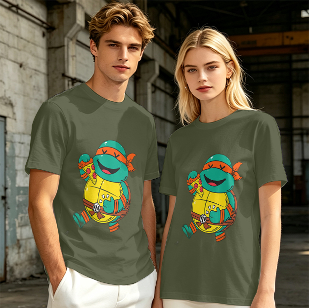 Olive T-shirt with cartoon ninja turtle holding pizza graphic