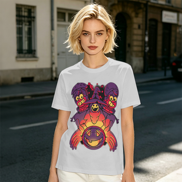 Olive T-Shirt With Halloween Three-Headed Witch And Jack-O'-Lantern Print