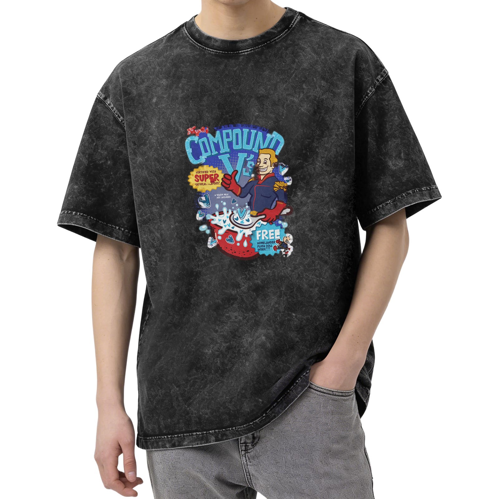 Washed black graphic t-shirt with Compound V cartoon design