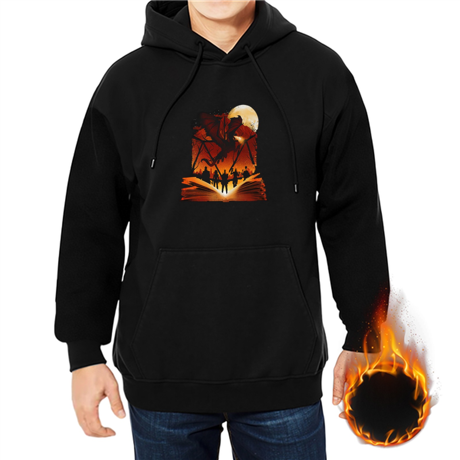 Black Hoodie With Dark Fantasy Monster And Silhouette Figures Print