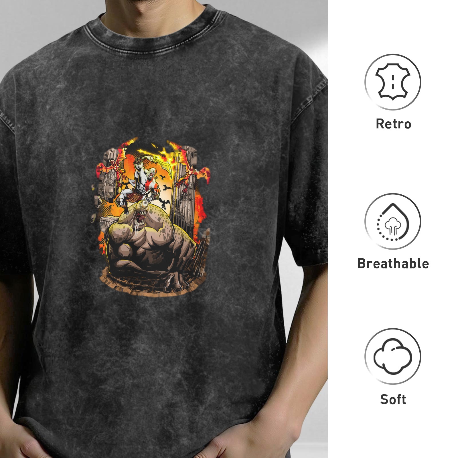 oversized washed black t-shirt with fantasy battle graphic print