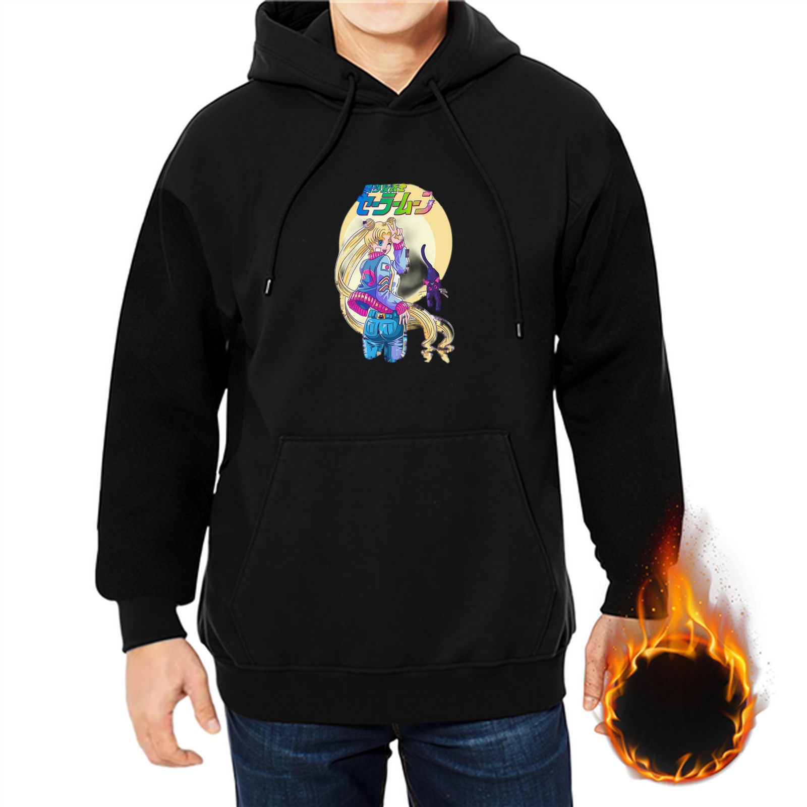 Black Hoodie with Anime Character and Cat Graphic Print