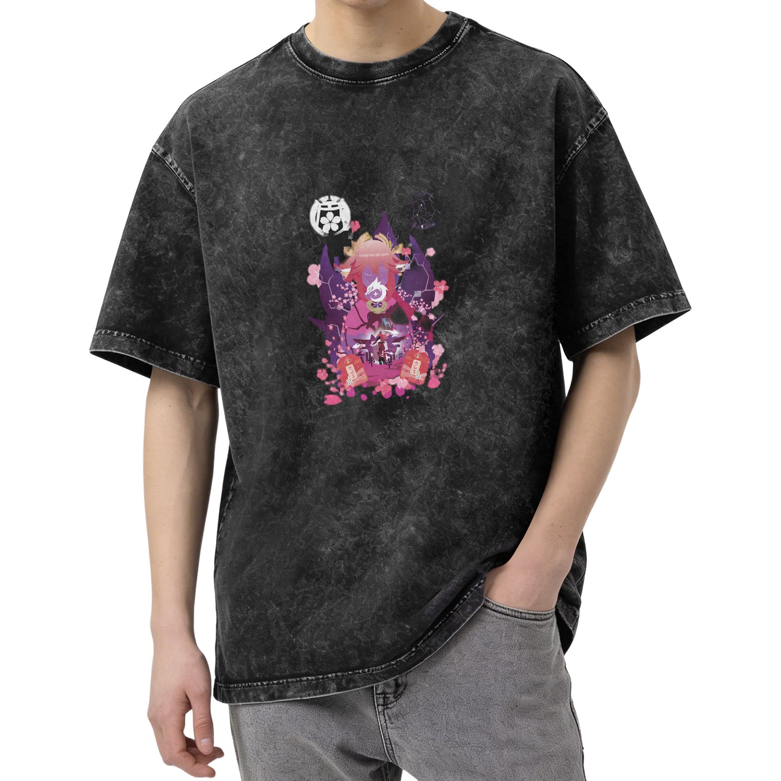 Washed Black Anime Graphic T-Shirt with Cherry Blossom Design