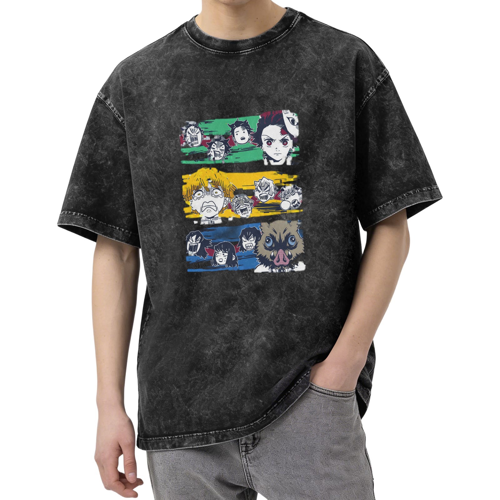 Demon Slayer Anime Character Graphic Oversized Stone Wash T-Shirt