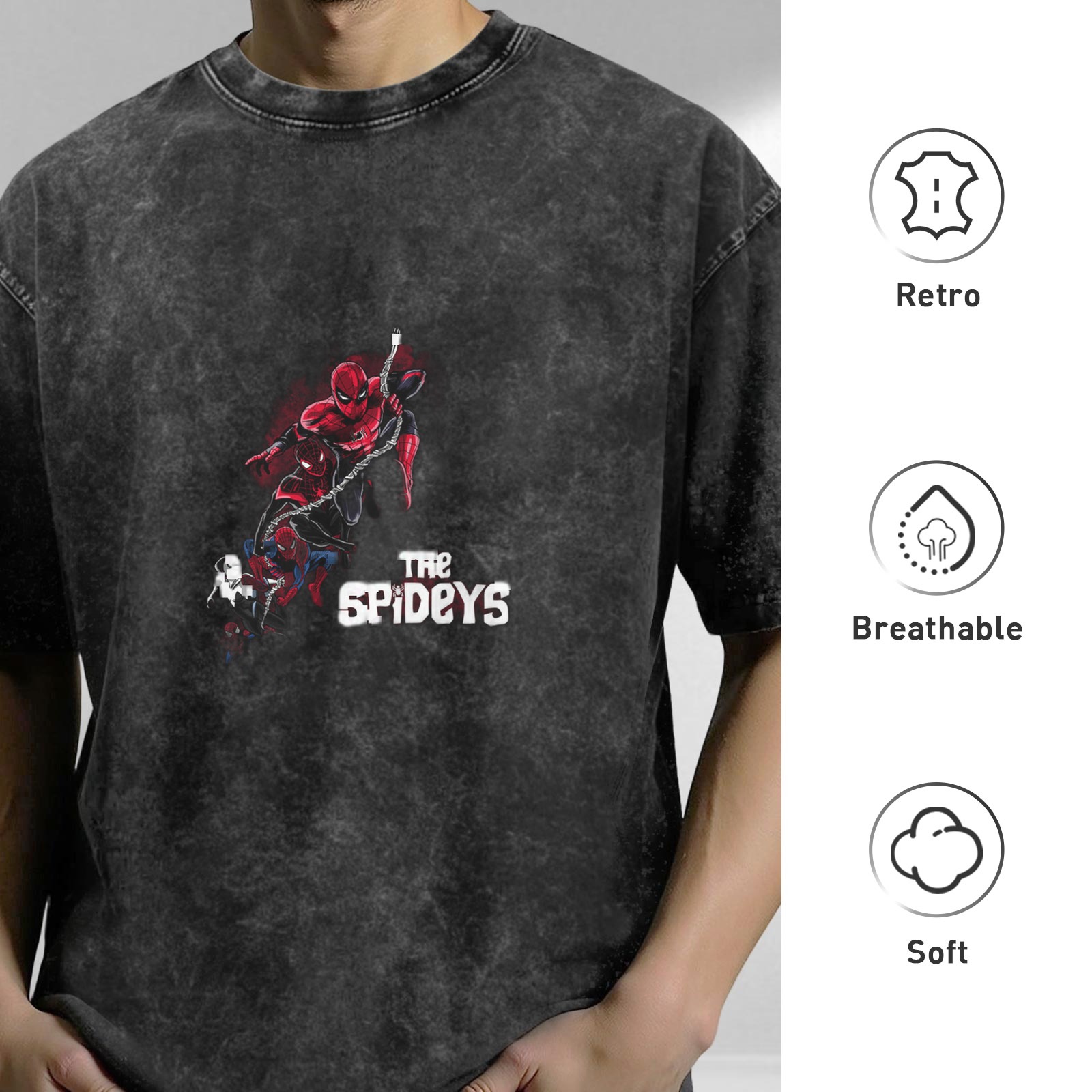 Washed and distressed black Spider-Man themed short-sleeved T-shirt Loose casual crew neck top