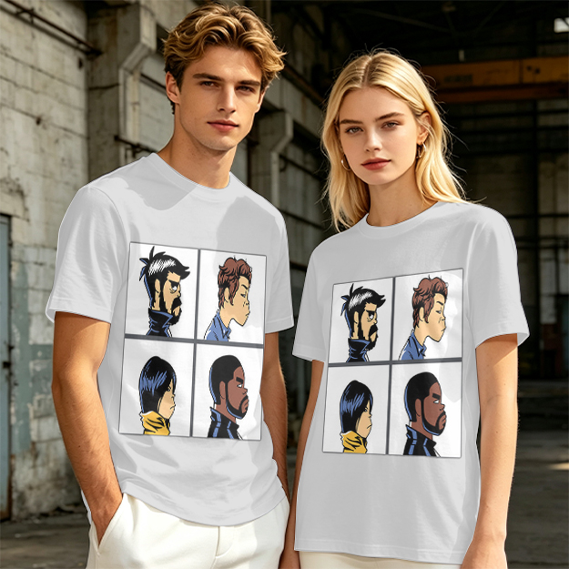 Olive T-Shirt With Four Cartoon Character Profile Portraits