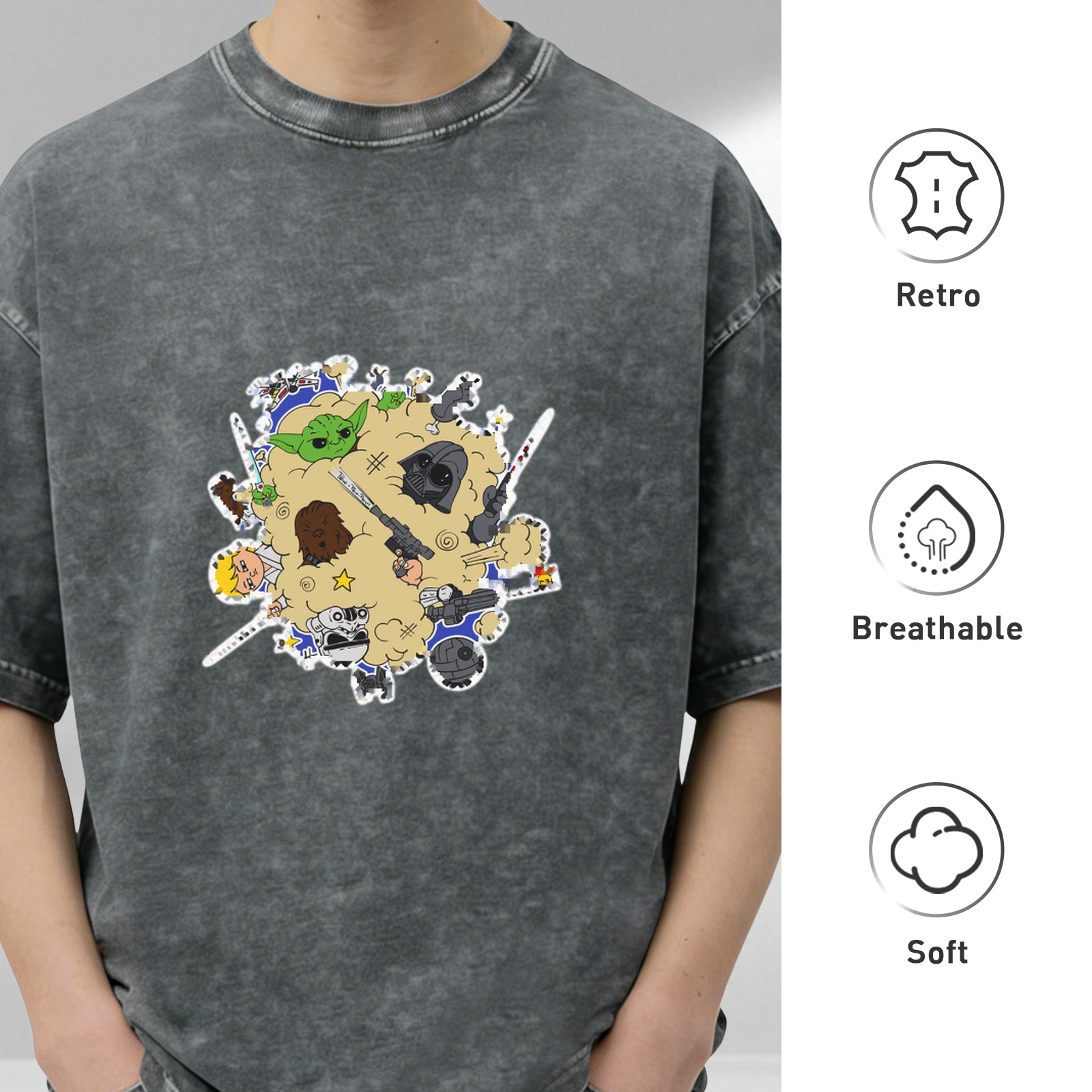 Washed Black T-Shirt With Cute Star Wars Character Collage Print