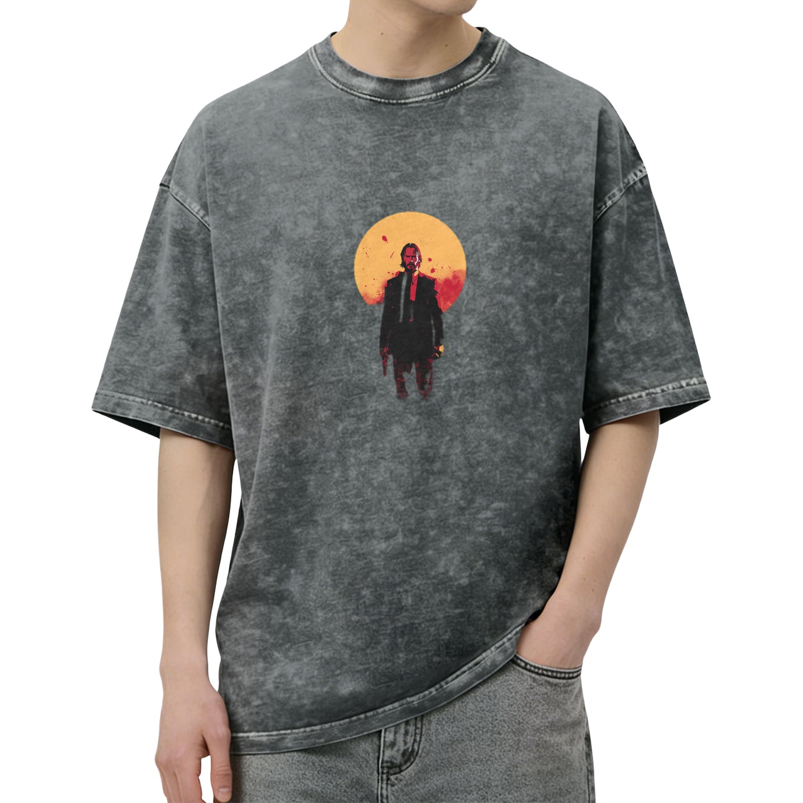 Oversized dark washed t-shirt with stylized action figure graphic