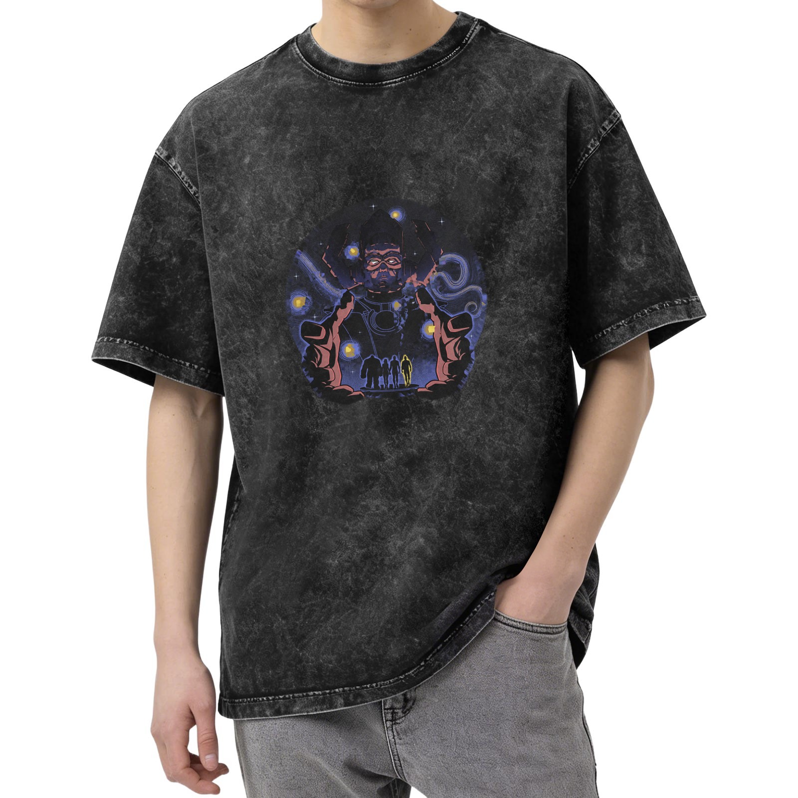 Washed Black Graphic Tee With Cosmic Villain And Silhouette Figures Print
