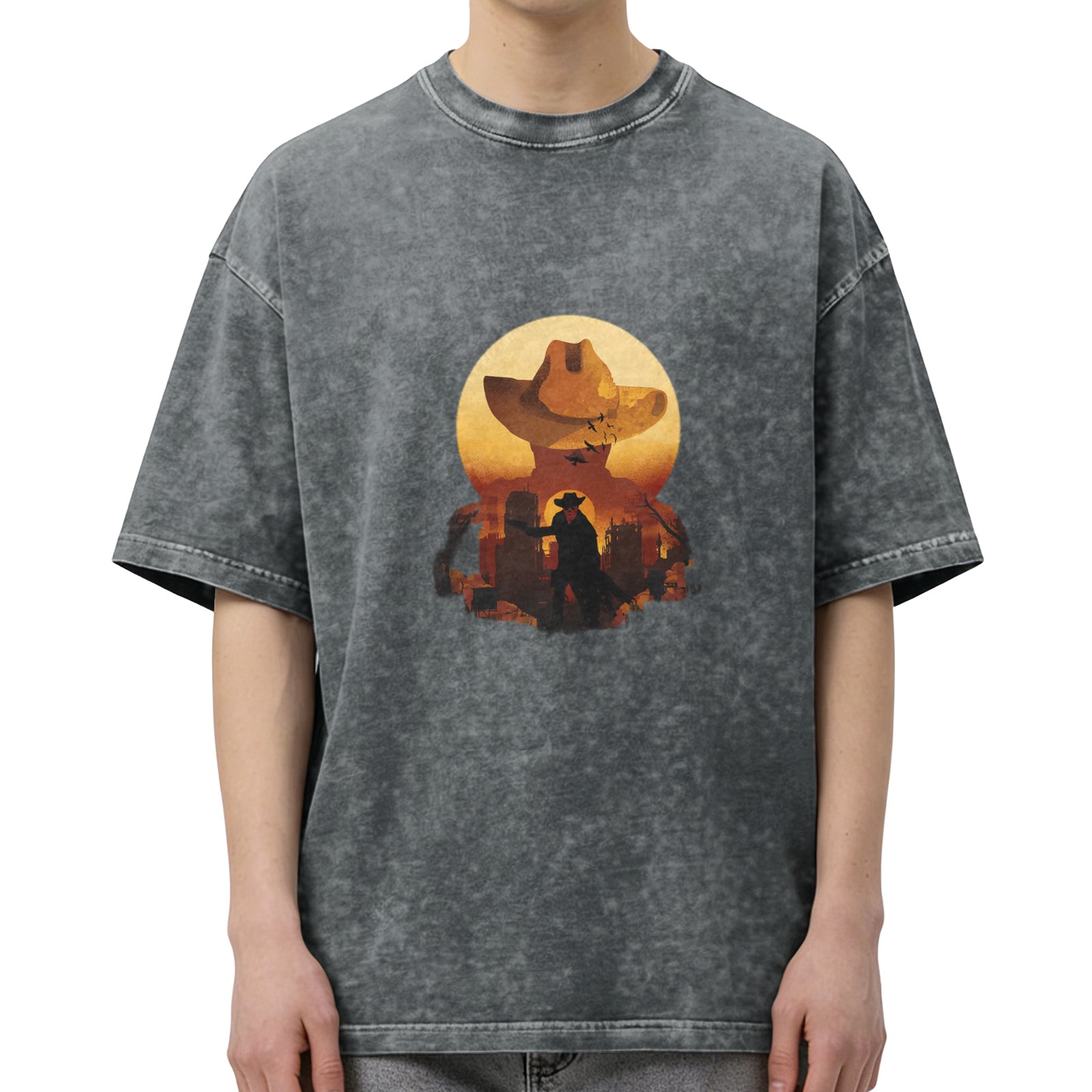 Washed Black Western Cowboy Graphic Short Sleeve T-Shirt
