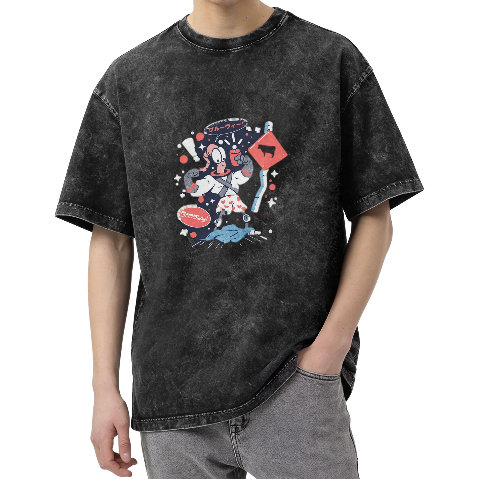 Washed black graphic t-shirt with retro cartoon space character print
