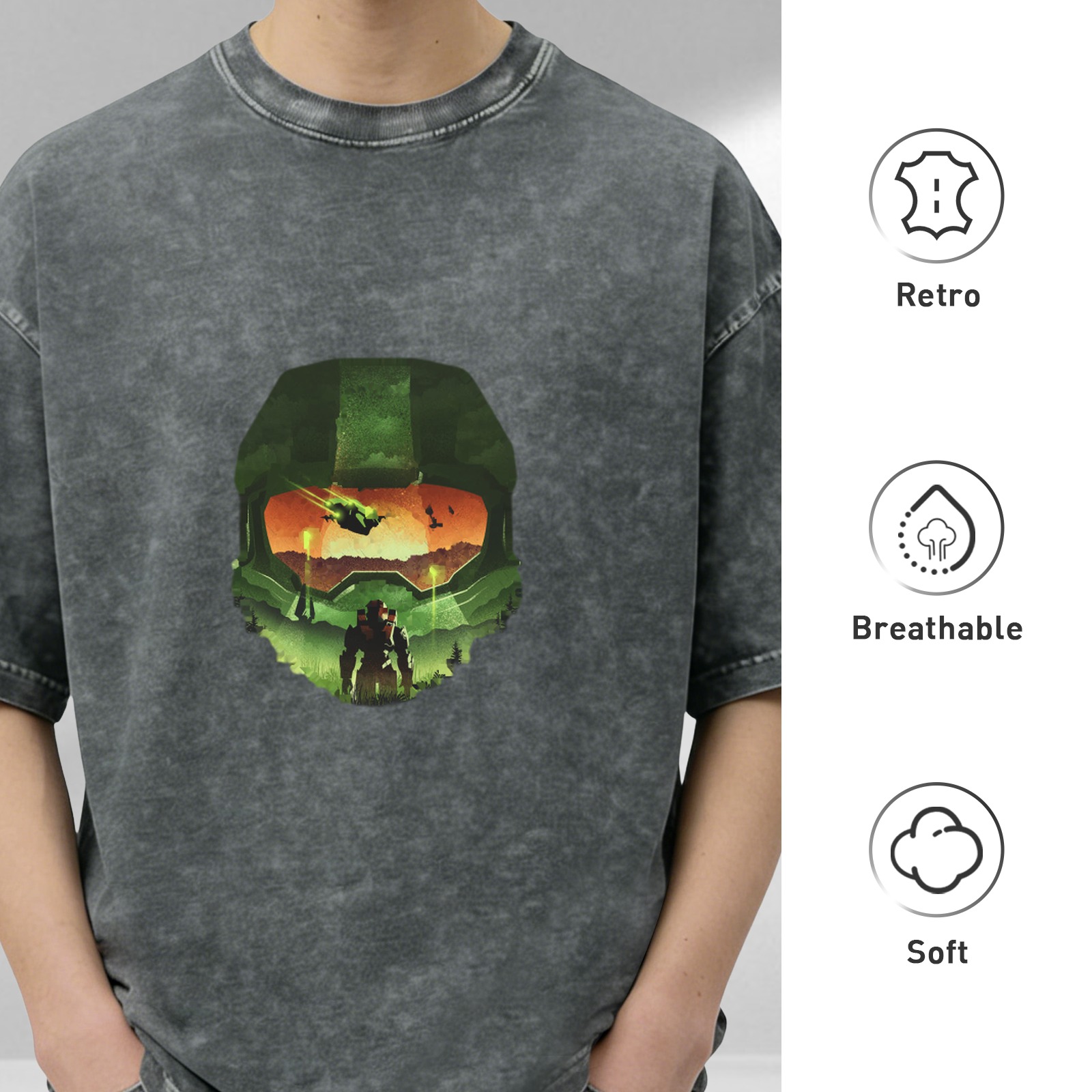 Halo Master Chief Helmet Silhouette Graphic Acid Wash T-Shirt