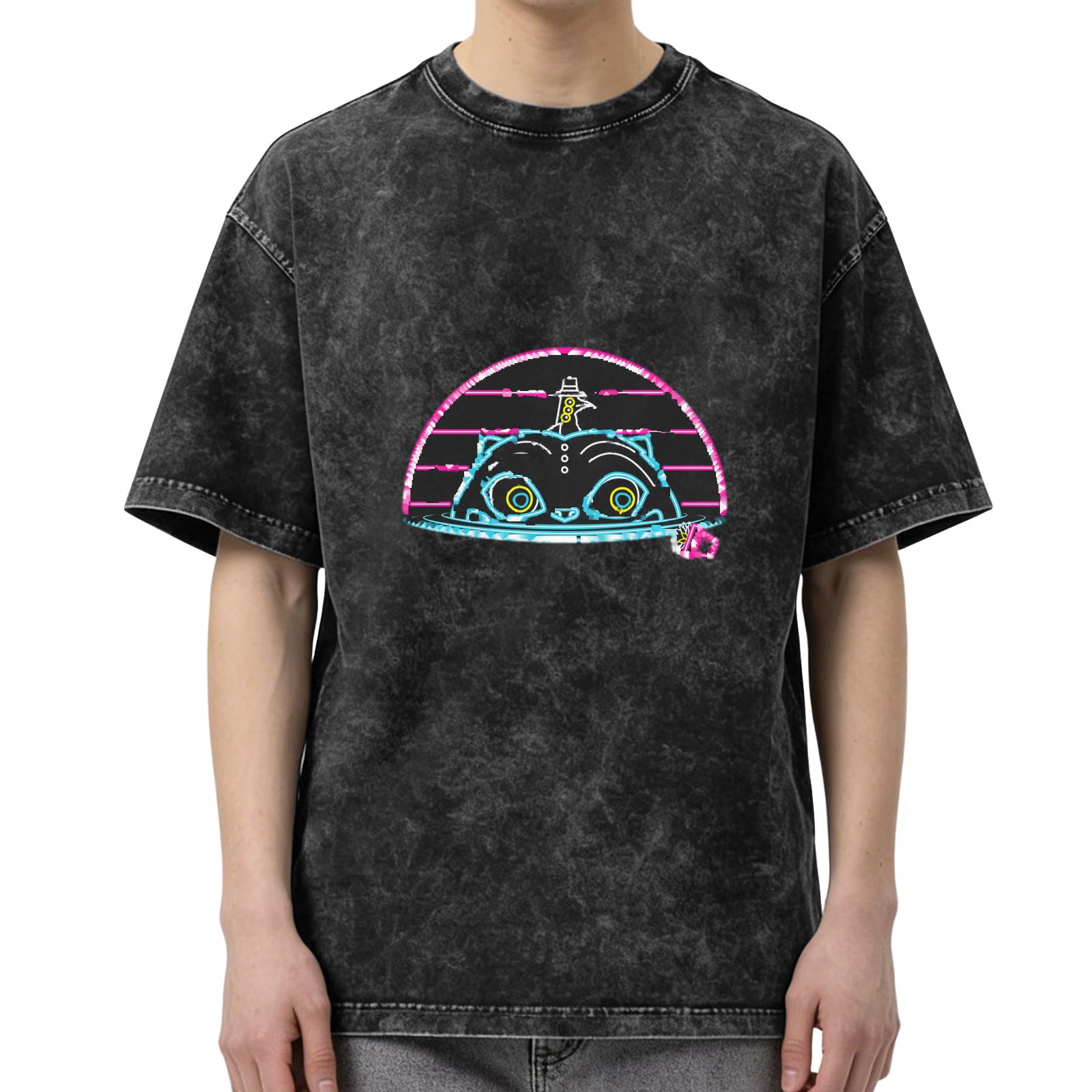 Washed black graphic t-shirt with neon cyber cat design