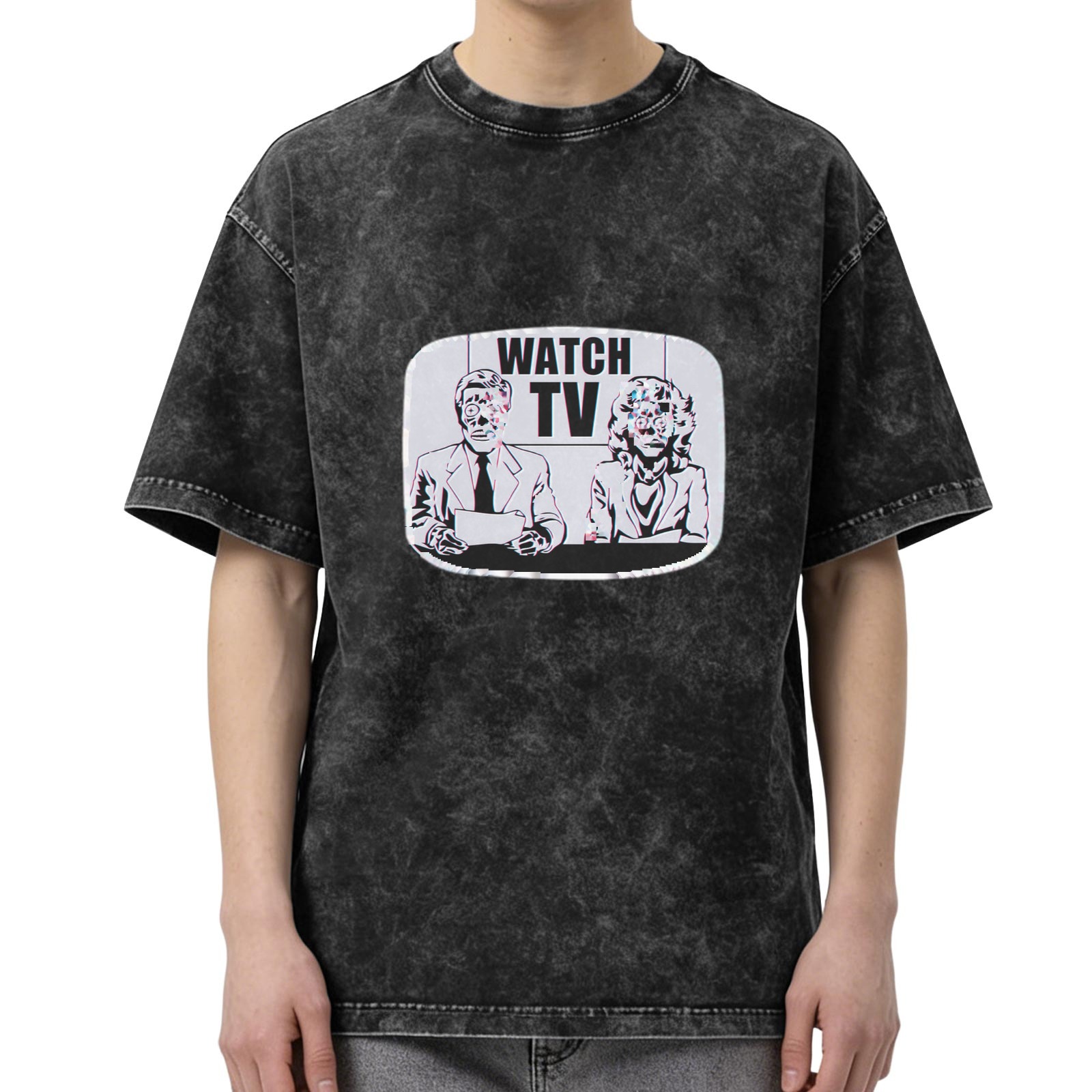 WATCH TV Alien Newscaster Graphic Acid Wash T-Shirt