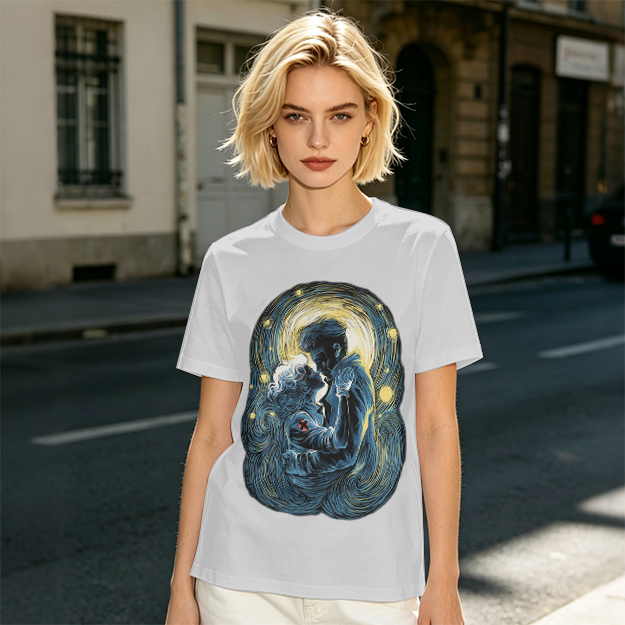 Olive T-Shirt With Starry Night Style Embracing Couple Art