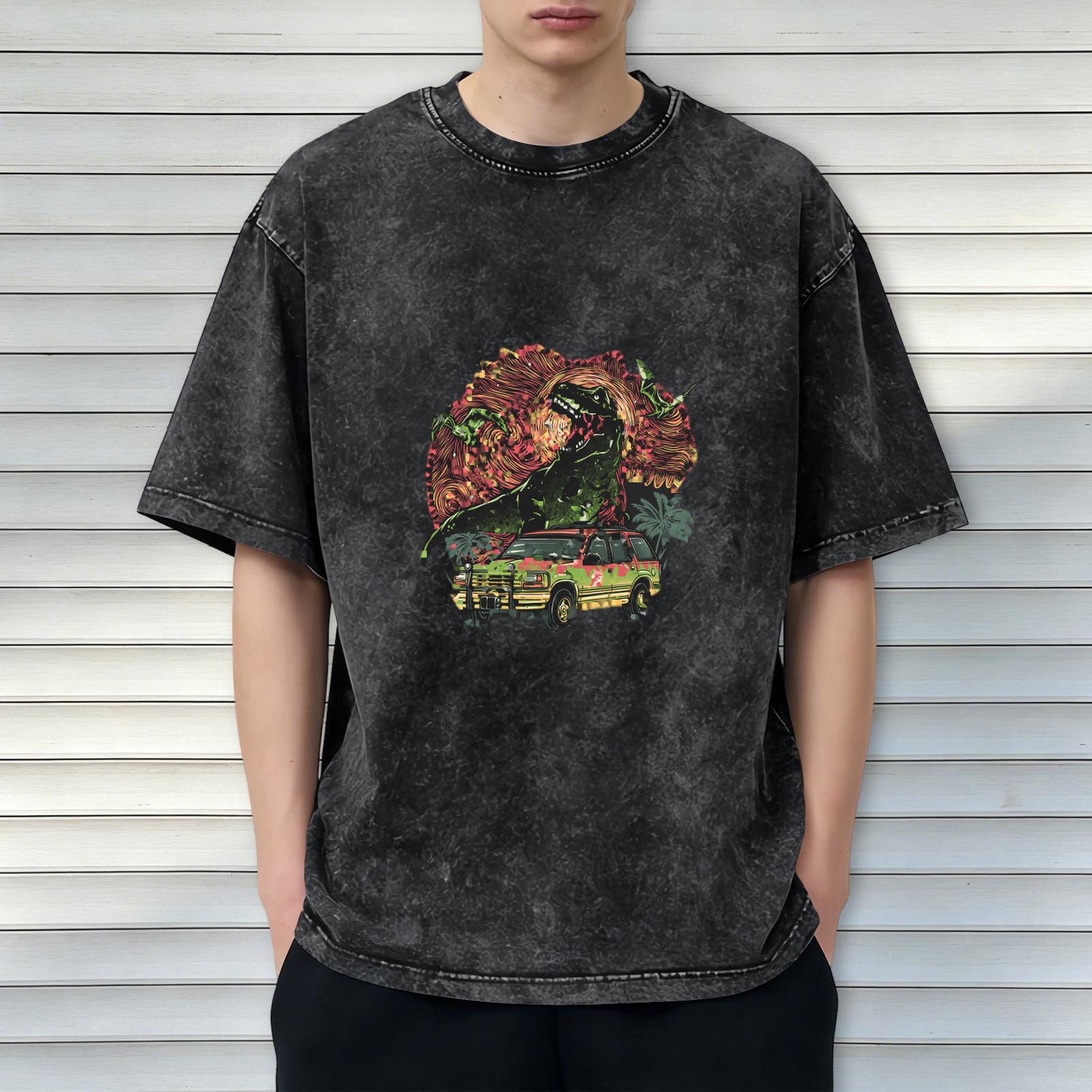 Washed Black T-Shirt with Dinosaur SUV Graphic Print