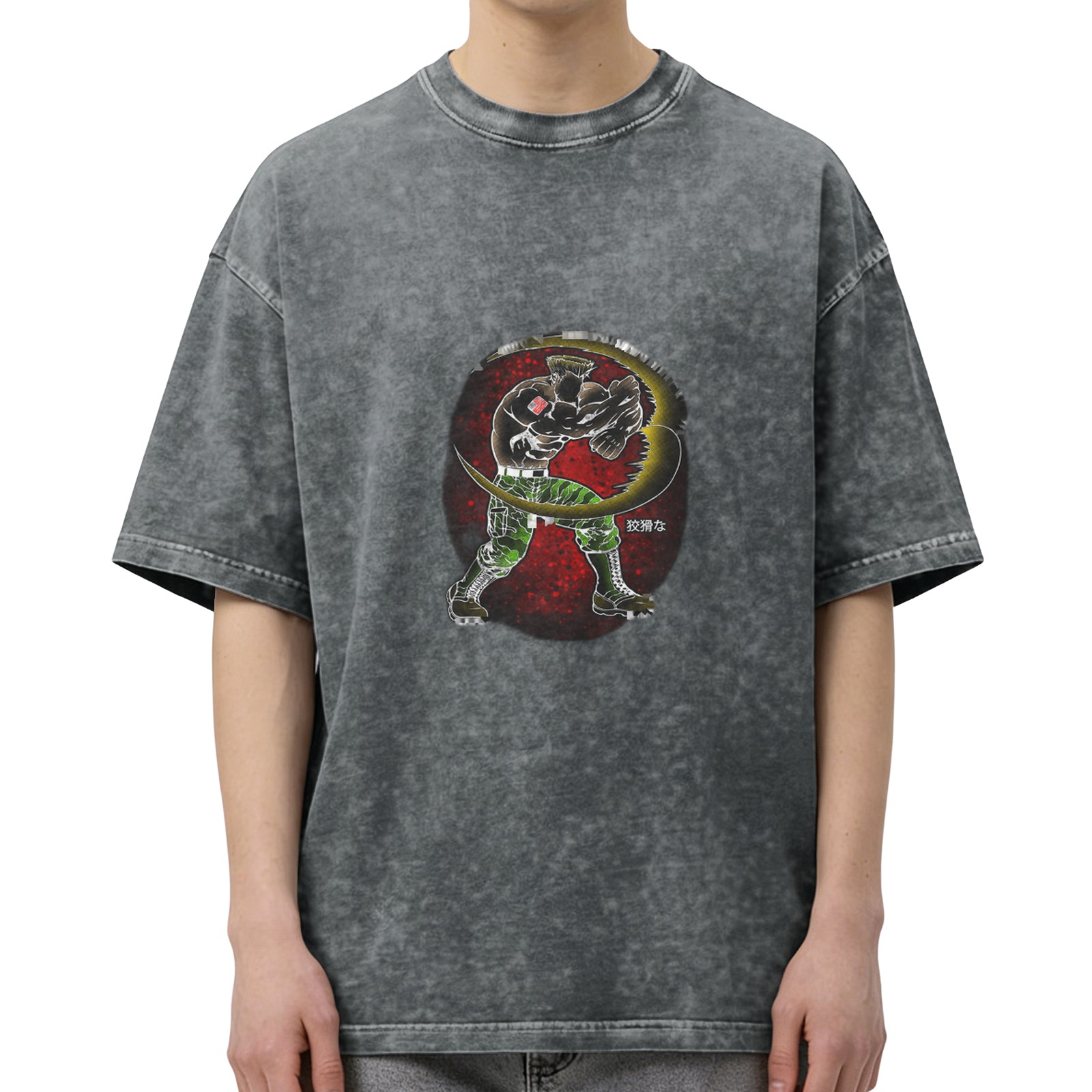 Oversized Acid Wash T-Shirt With Fighter Graphic Print