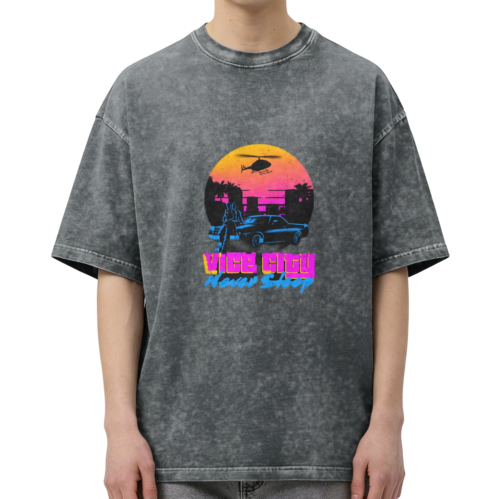 Vice City Never Sleep Retro Graphic Acid Wash T-Shirt