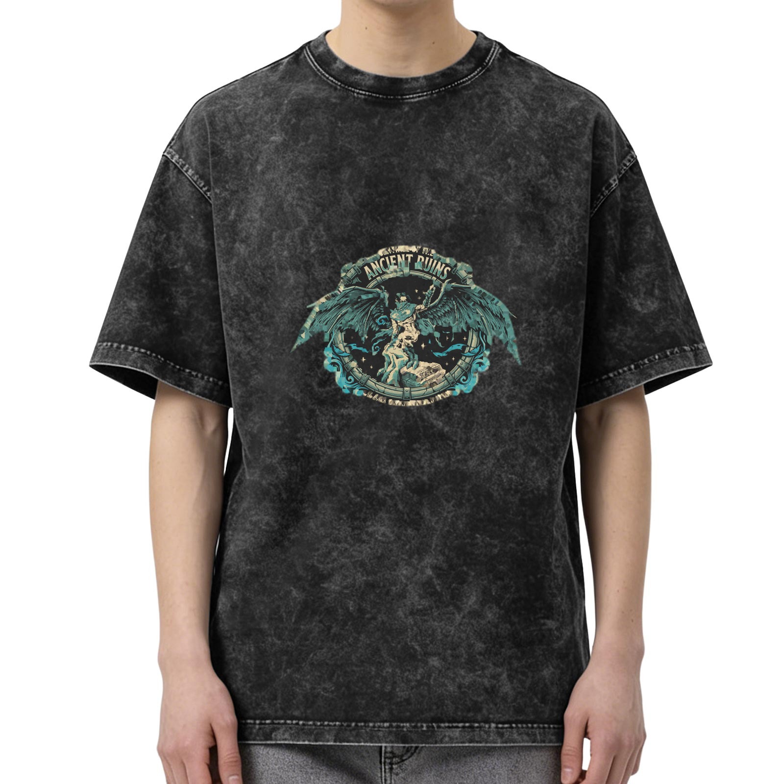 Washed Black Graphic T-Shirt With Ancient Ruins Winged Creature Print