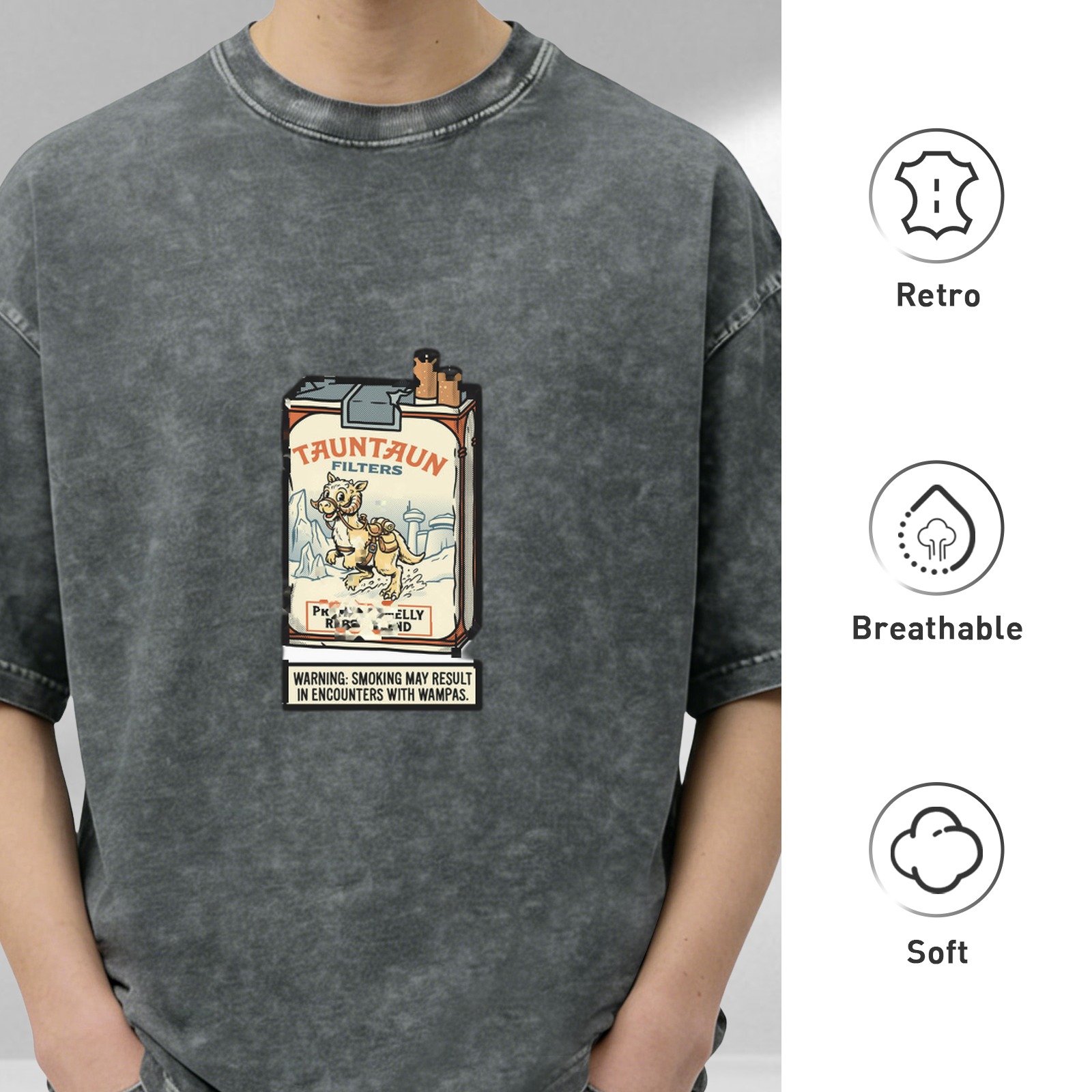 Washed Black T-Shirt With Tauntaun Cigarette Pack Graphic