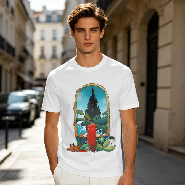 Olive T-Shirt With Mermaid Looking At Castle Art Print