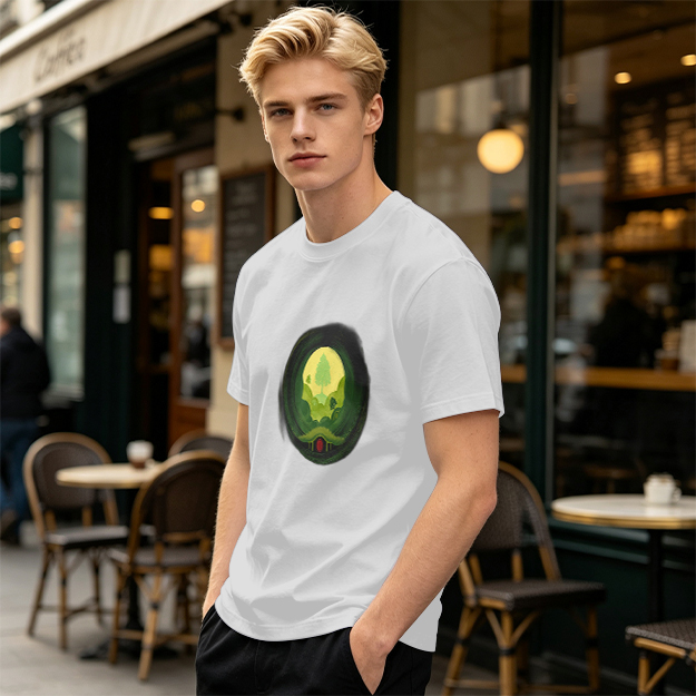 Olive Green T-Shirt with Hobbit Hole Landscape Art Print