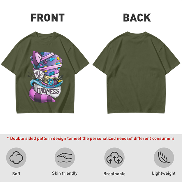Olive T-Shirt With Mad Hatter Cheshire Cat Madness Graphic