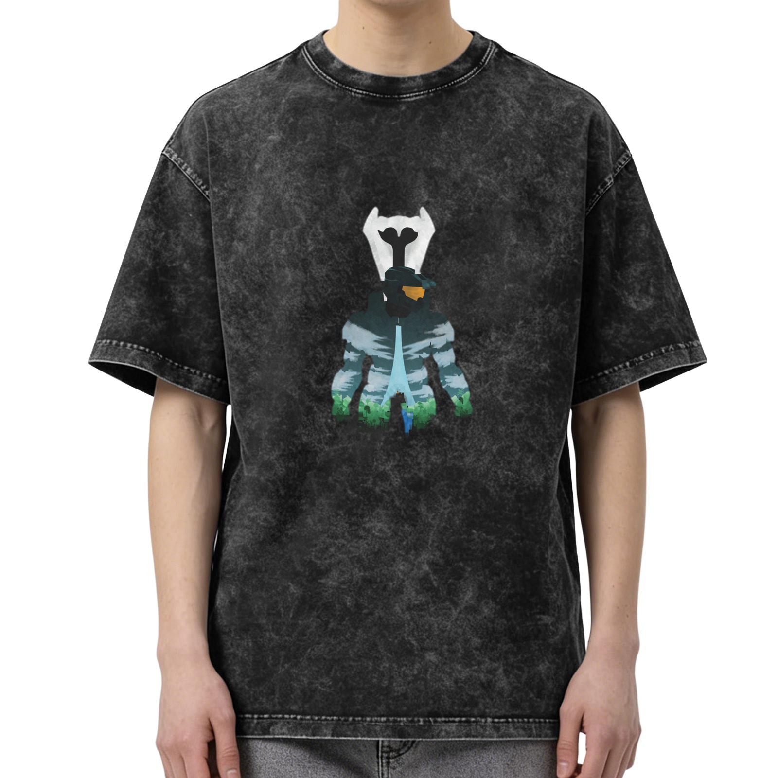 Washed distressed black loose short-sleeved T-shirt with cartoon style character pattern printed on the chest