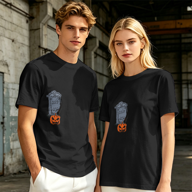 Olive Halloween Graphic T-Shirt with Tombstone and Jack-o'-Lantern