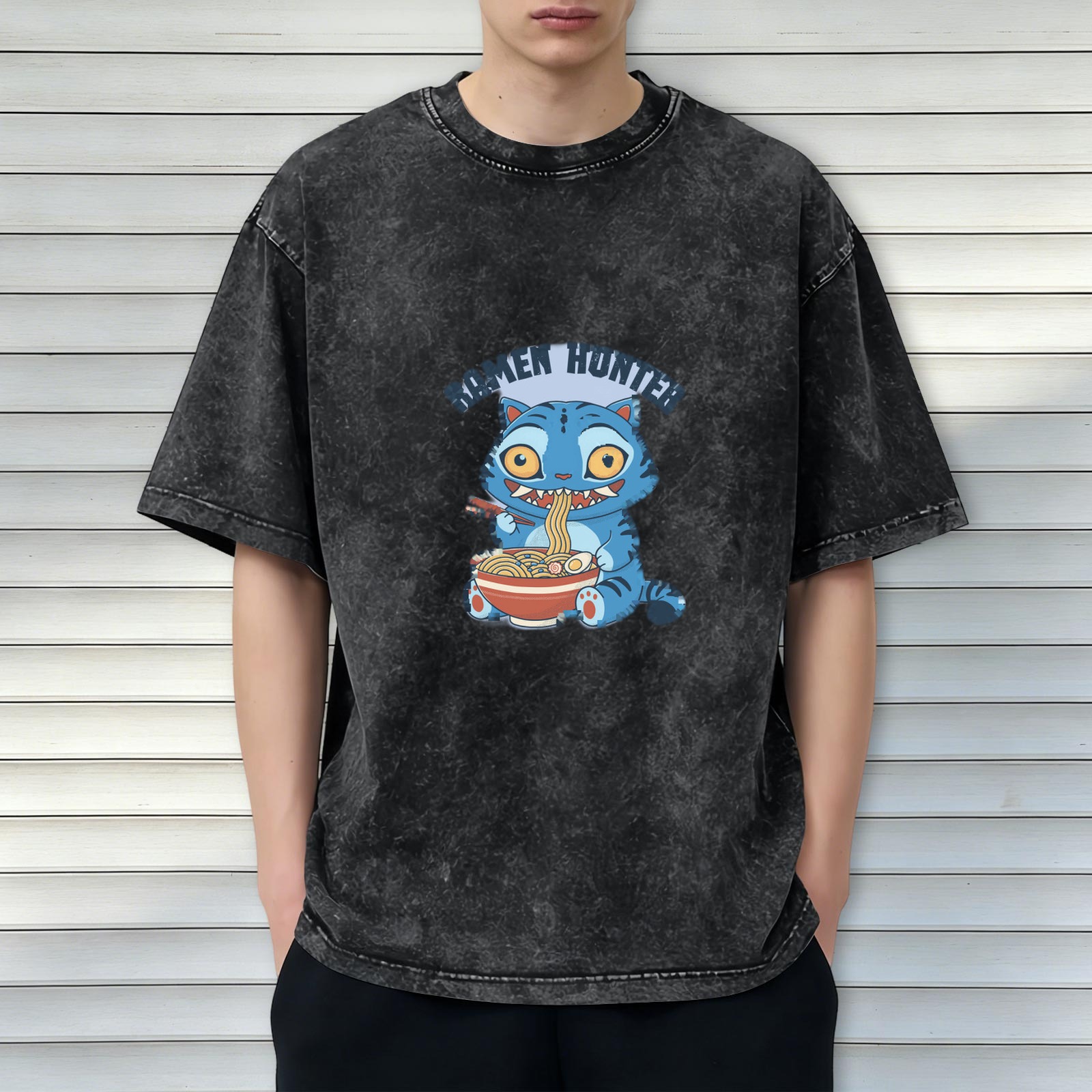 Ramen Hunter Cat Graphic Oversized Acid Wash T-Shirt