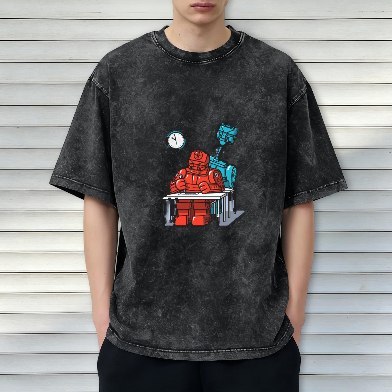 Washed black t-shirt with cartoon robot working at desk graphic