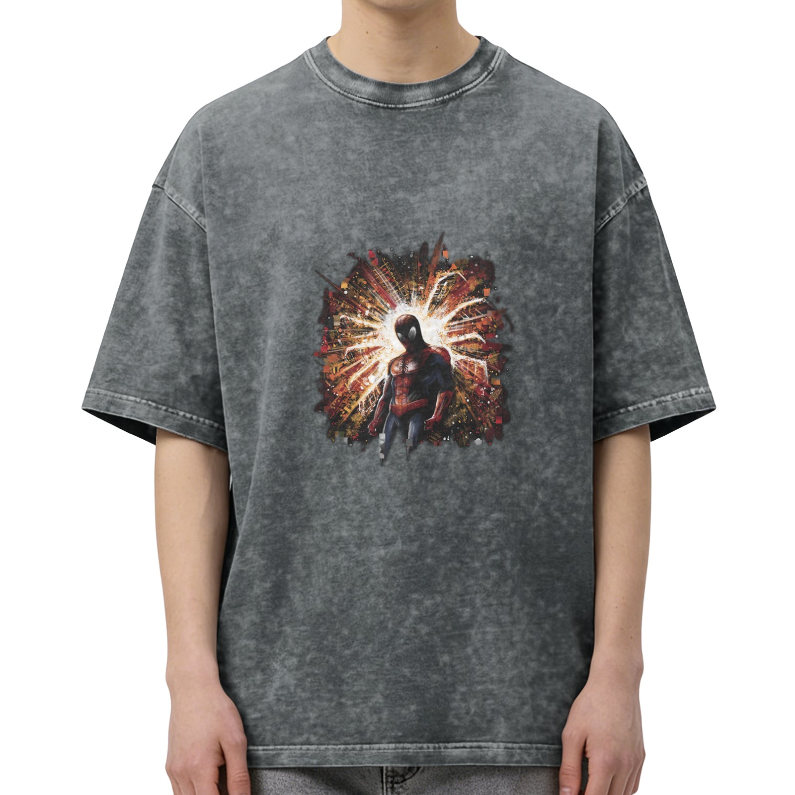 Oversized Acid Wash T-Shirt with Spider-Man Explosion Graphic