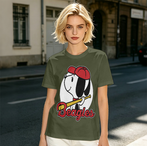 Olive green t-shirt with Snoopy baseball Beagles graphic