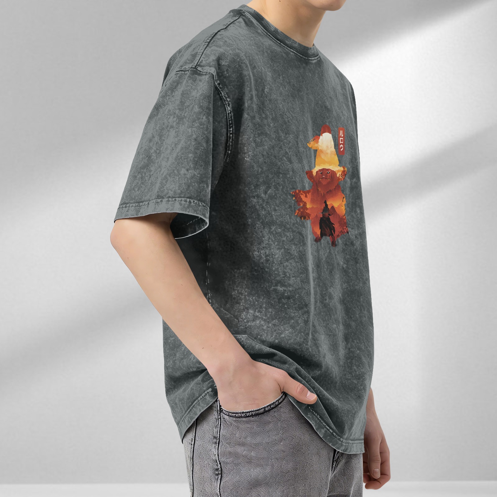 Oversized dark washed graphic t-shirt with wizard silhouette art