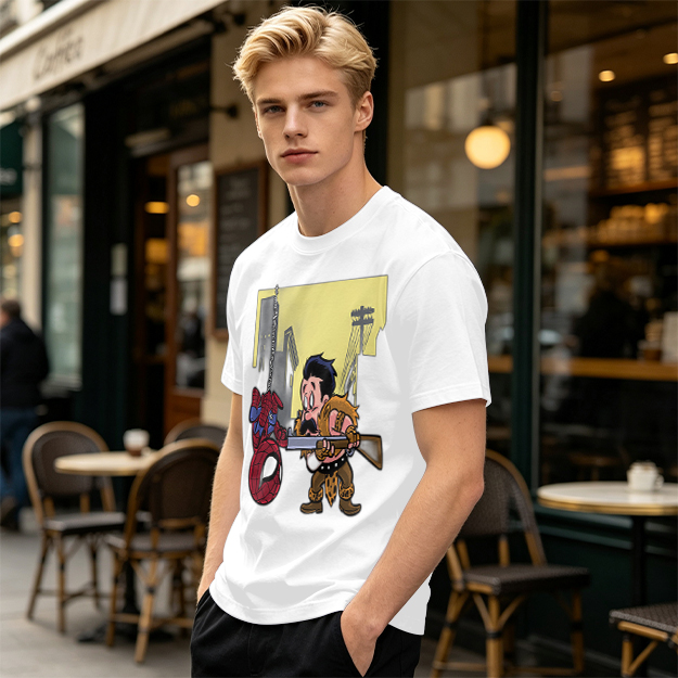 Olive T-shirt with Spider-Man and Hunter Cartoon Print