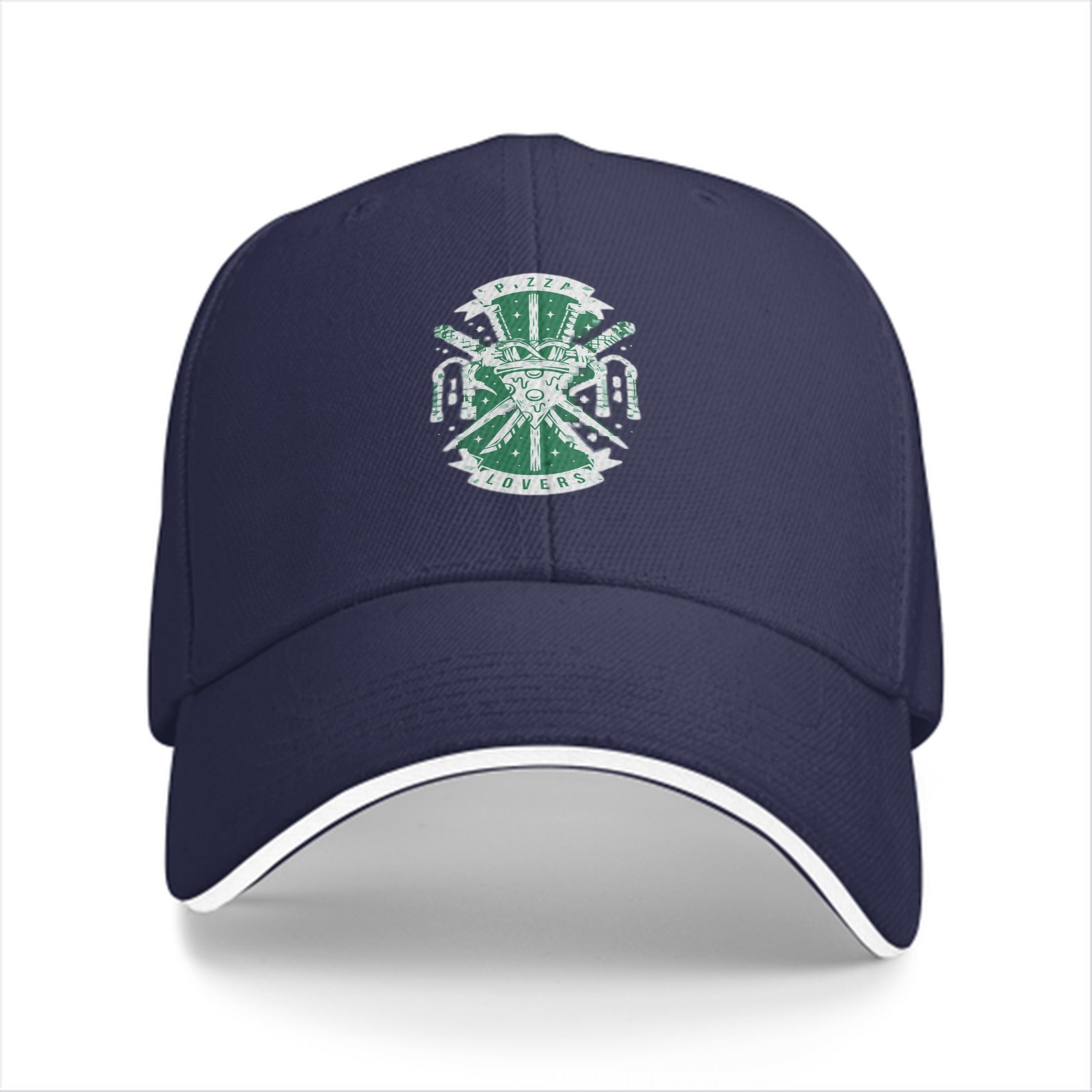 Black baseball cap with pizza lovers themed graphic print