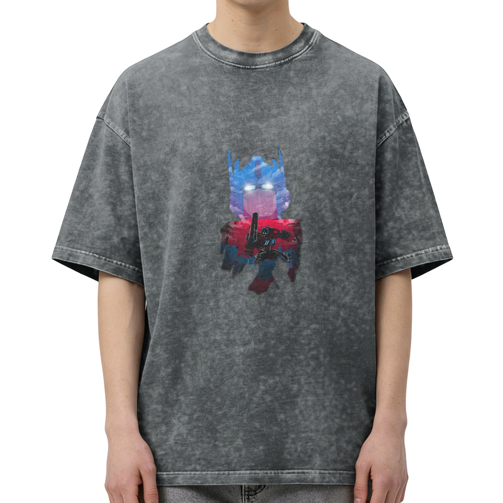 Washed distressed black Optimus Prime print short-sleeved T-shirt