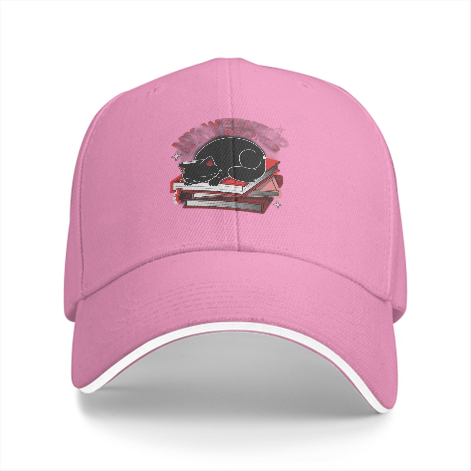 Black Baseball Cap with Sleeping Cat on Books Graphic