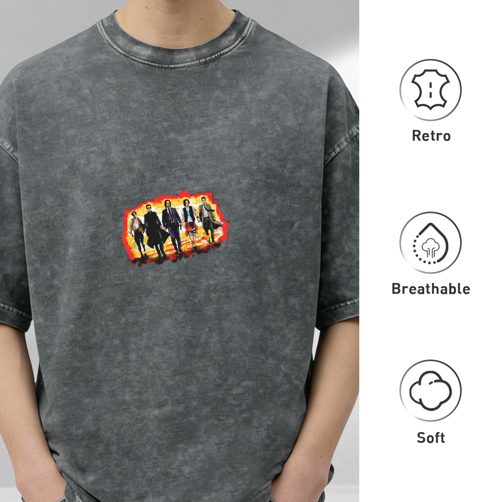 Distressed washed black loose short-sleeved T-shirt with film and television character prints