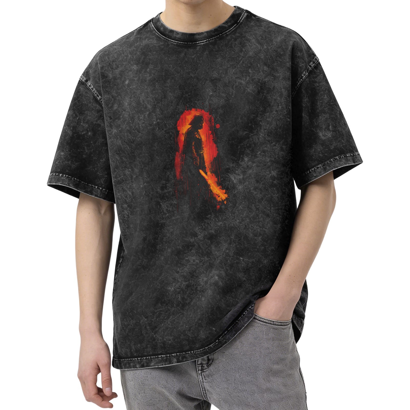 Washed black graphic t-shirt with fiery warrior silhouette print
