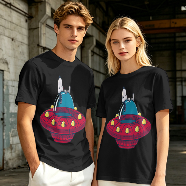 Olive T-Shirt Featuring Snoopy Relaxing in a Red UFO